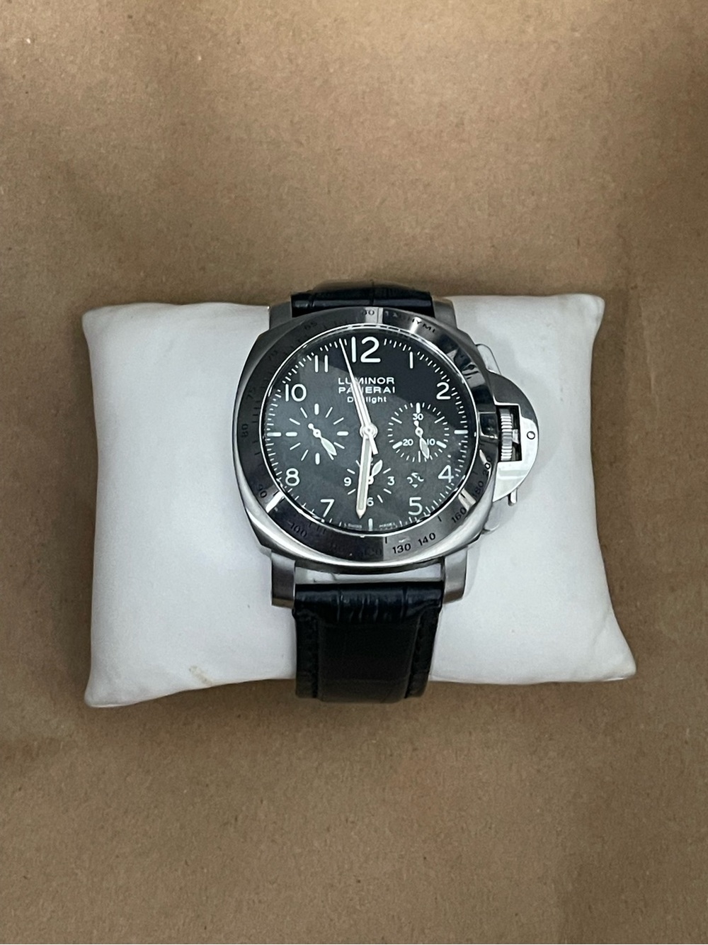 Panerai Black Dial Stainless Chronograph Watch with Black Leather Strap